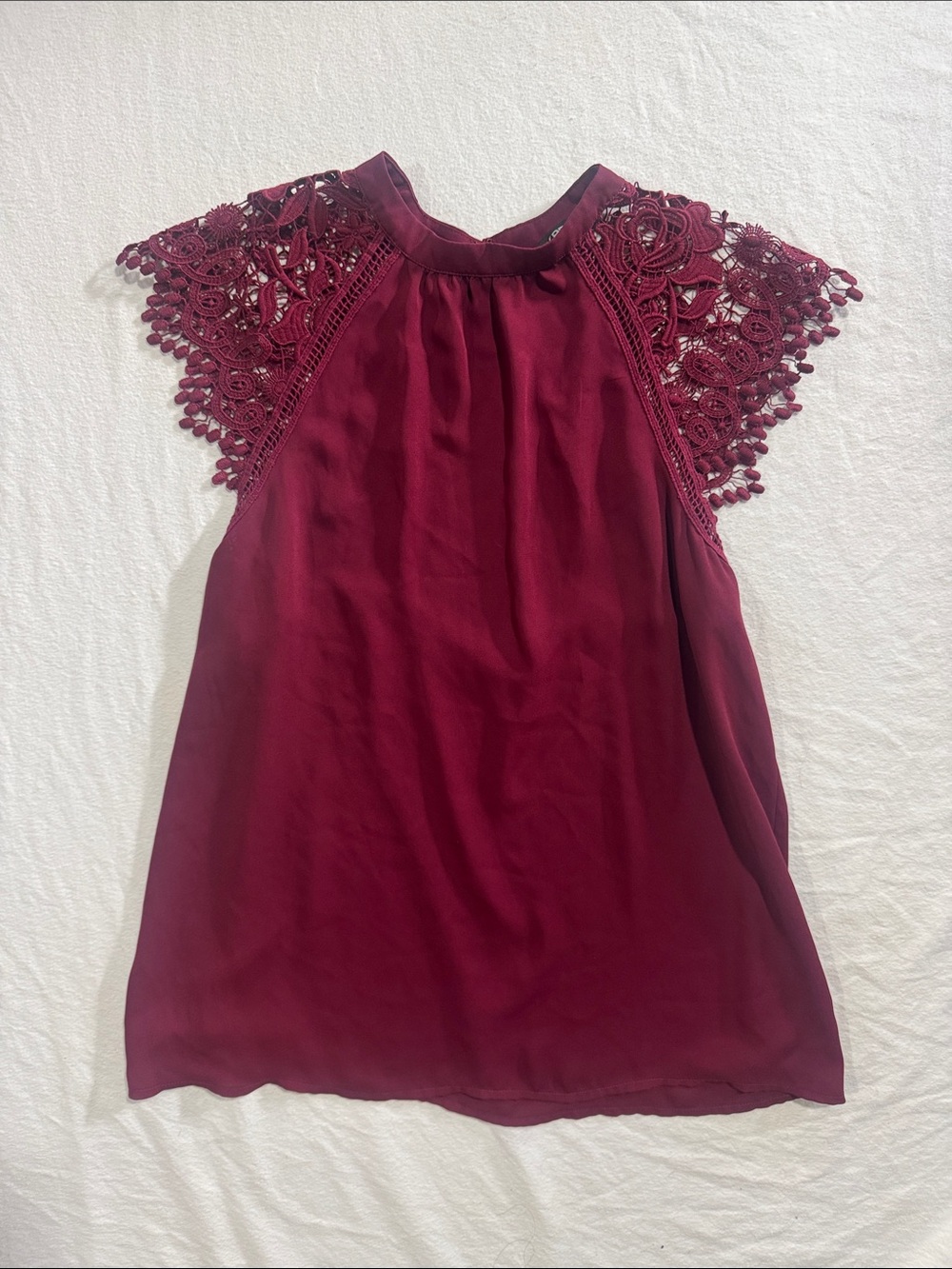 Express Burgundy High Neck Crochet Lace Cap Sleeve Chiffon Blouse - Size M
